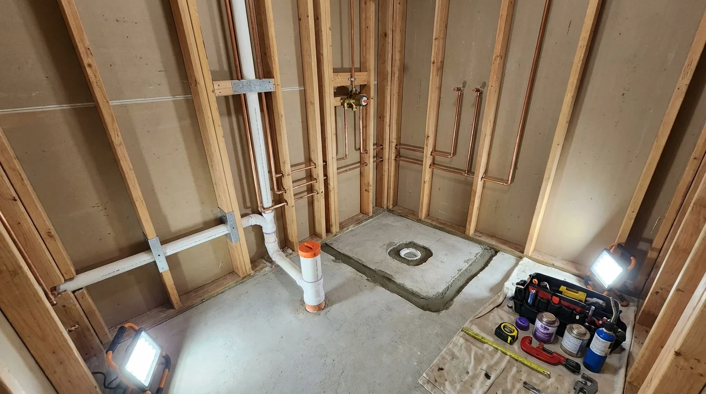 Bathroom rough-in plumbing during remodel by Johns Plumbing LLC in Yorktown