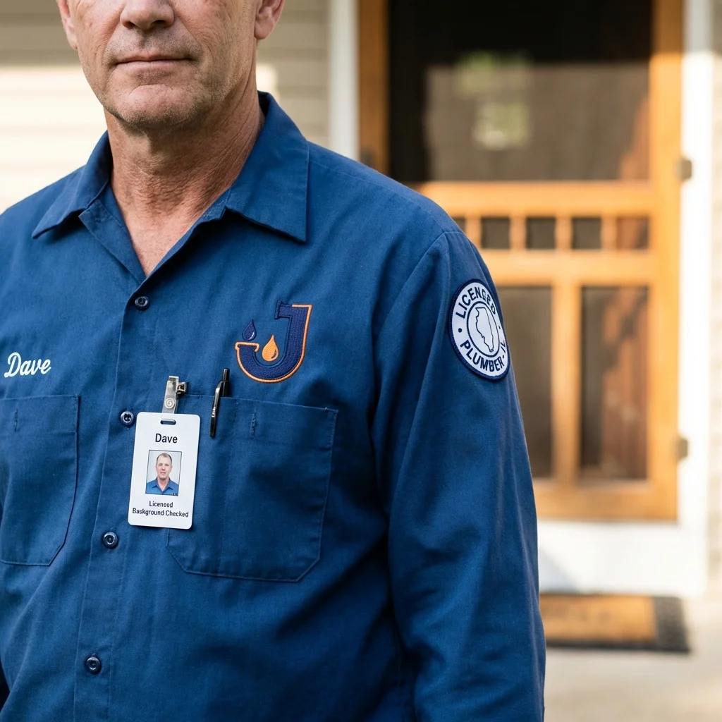 Licensed plumber showing ID badge in Yorktown, VA