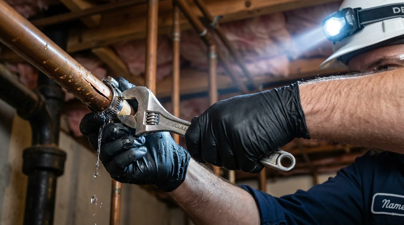 Emergency pipe clamp repair being performed by a Johns Plumbing LLC plumber in Yorktown