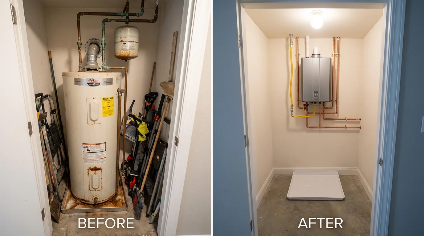 Tank water heater versus wall-mounted tankless unit comparison for Yorktown, VA homeowners