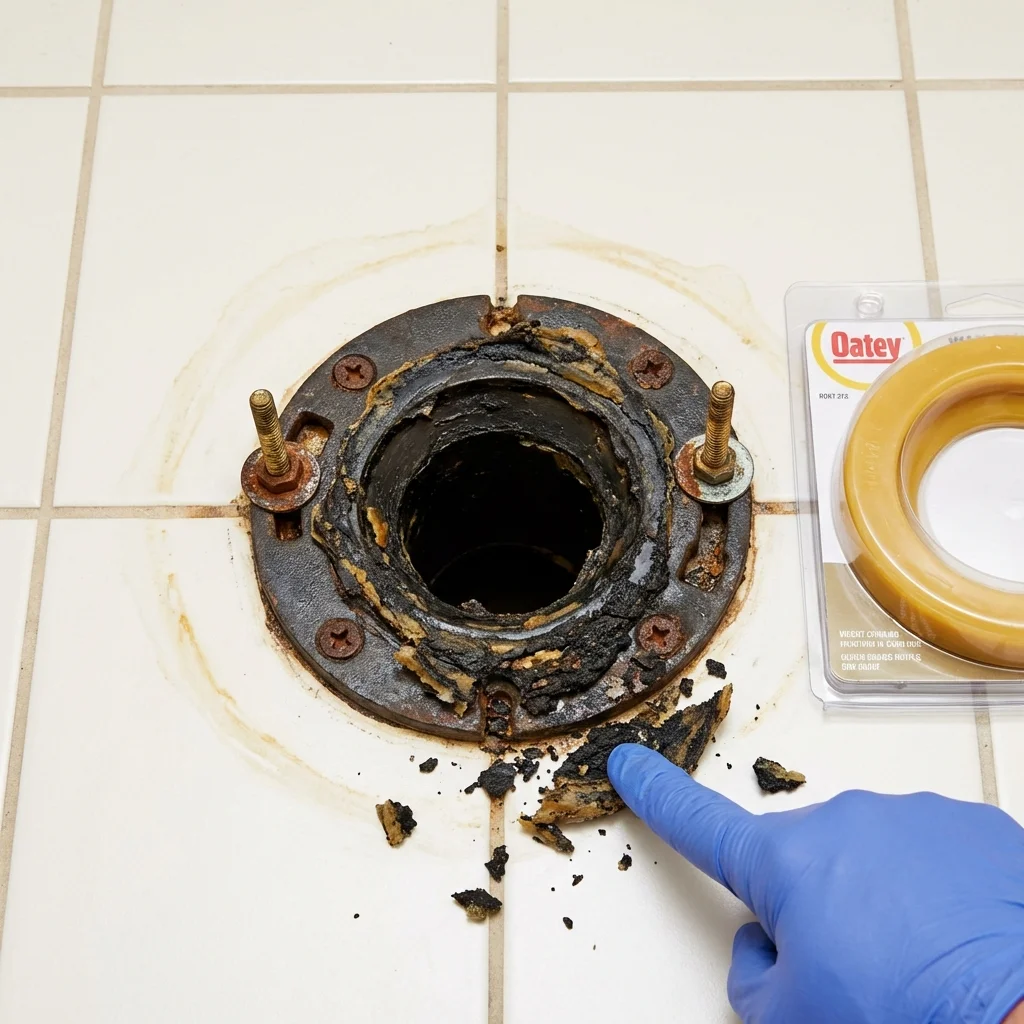 Failed wax ring showing water seepage at the base of a toilet in a Yorktown, VA home