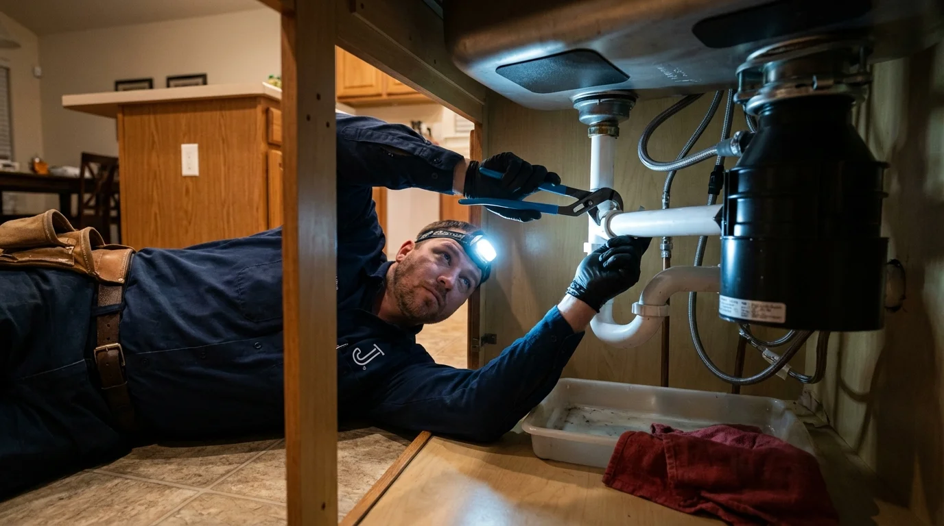 P-trap and supply line connections under a kitchen sink showing a common leak point in Yorktown, VA